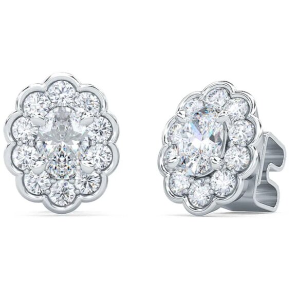 Flower Cluster Earrings w/ 1/2 Tcw Oval Centers 14K White Gold Lab Grown Diamond